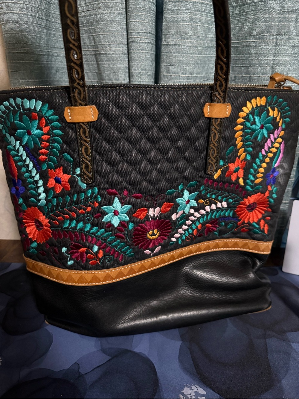 Consuela Black Tote with Multicolor Floral Embroidery